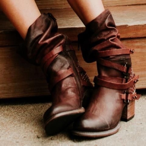 Freebird Boot Coy Buckle Strap Heeled Leather Slouchy Studded Rust 7 GUC - Picture 10 of 10